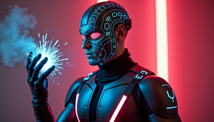 Futuristic man in a high-tech suit, holding a glowing energy orb, in a neon-lit environment
