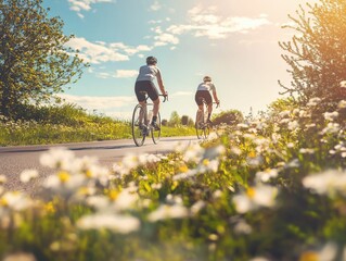 Fototapeta premium Two cyclists enjoy a peaceful ride along a field path, with helmets on and flowers blooming beside them. The tone is recreational and serene.