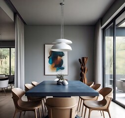 A stylish dining room with a long navy table, elegant chairs, and modern decor. The ambiance is cozy, featuring soft lighting and contemporary art pieces.