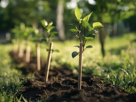 A row of young trees supported by stakes lines a backyard fence, freshly planted in honor of Arbor Day. The soil is damp, and sunlight catches the leaves. - Powered by Adobe
