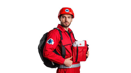 Emergency response action paramedic in red uniform urban setting healthcare portrait heroic viewpoint