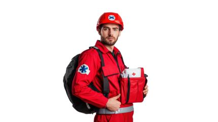 Emergency response action paramedic in red uniform urban setting healthcare portrait heroic viewpoint