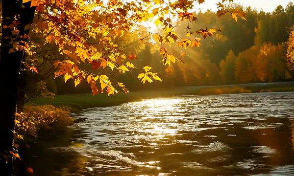 The golden riverside view has tall trees, drifting autumn leaves, and shimmering reflections, creating a peaceful ambiance that invites relaxation and appreciation of nature