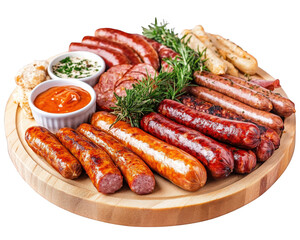 platter of assorted smoked sausages with dipping sauces, garnished with herbs, perfect for gatherings and celebrations. Enjoy variety of flavors and textures