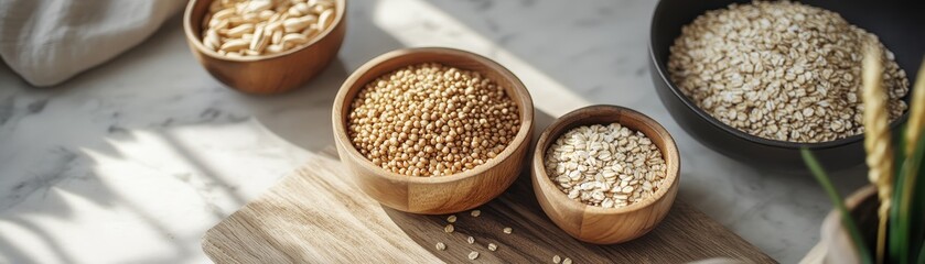 Topdown view of modern kitchen counter with various grains home kitchen food photography bright environment aesthetic concept