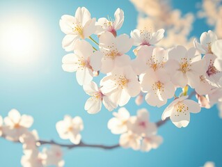 A low-angle view of cherry blossoms in full bloom against the bright spring sky. The petals are illuminated by sunlight, showing fine natural textures.
