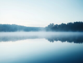 Fototapeta premium A thin layer of mist hovers just above the water’s surface, separating sky and lake with an ethereal blur. Trees in the distance appear ghostlike.