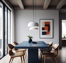A stylish dining room with a long navy table, elegant chairs, and modern decor. The ambiance is cozy, featuring soft lighting and contemporary art pieces.