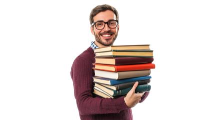 Librarian balancing books in a bright room professional portrait cheerful atmosphere engaging concept