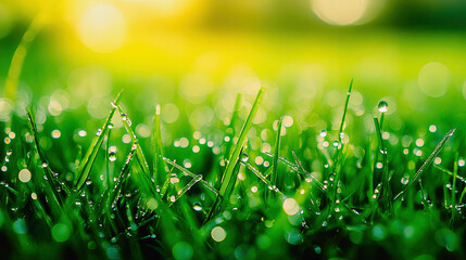 Fresh green grass with dew drops sparkling in sunlight close up view