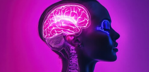 Obraz premium A woman's head profile with the brain highlighted in neon pink, symbolizing mental health and wellness for World Mental Health Day.
