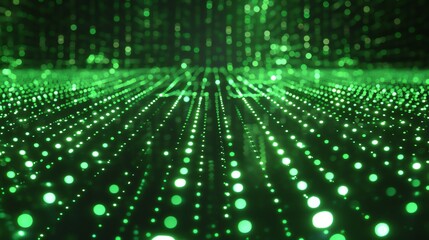 Glowing green particles form a futuristic background. The glowing green particles move in a wave-like pattern, creating a sense of depth and movement.
