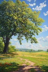 Obraz premium A lively summer landscape showcasing a flourishing tree beneath a clear azure sky.