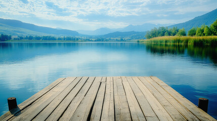 Serene lake view from wooden pier scenic landscape mountain range