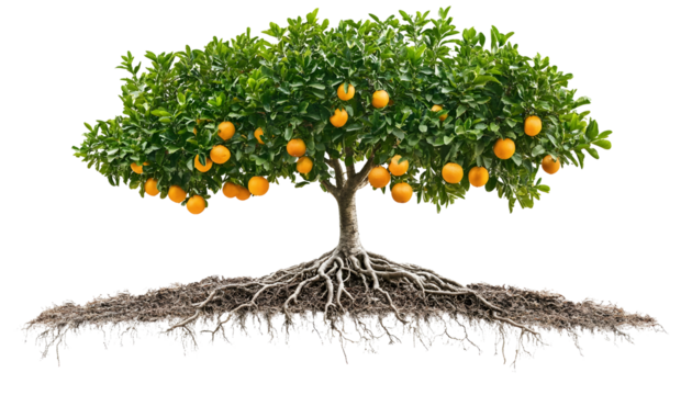 Fruit tree with visible roots , clipping path  -  