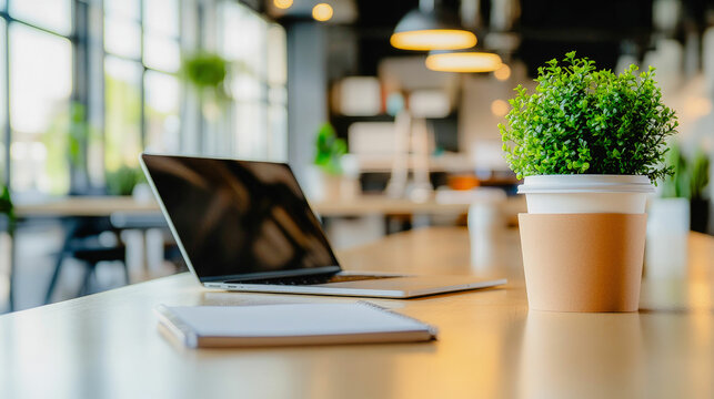 Laptop and plant on desk for workspace productivity and office design