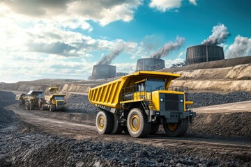 Heavy trucks transporting coal at a mining site under a dramatic sky