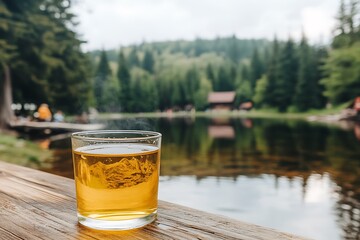 A glass of beer set on a wooden outdoor surface