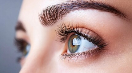 Naklejka premium Close up of beautiful woman's eye with long false eyelashes. Eyelash extension procedure.