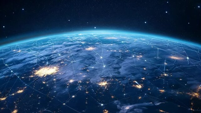 Global network connection and data connections concept. Worldwide links on planet earth at night. Earth in open space and digital web. World communication technology. Blue black background. 4k footage