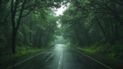 Obraz premium A straight asphalt road winds through a dense forest.