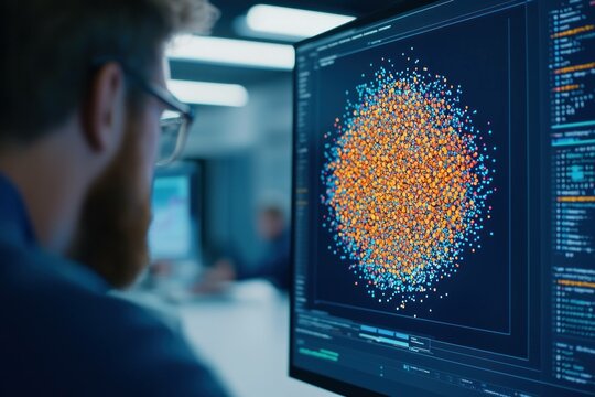 Abstract data visualization with colorful nodes on a digital screen showcasing analysis and technology, ideal for tech related projects and presentations