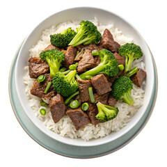 Beef Broccoli Rice Bowl Dinner Plate eat isolated on white background