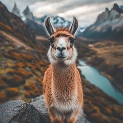 Obraz premium A friendly llama standing calmly in a beautiful mountain landscape