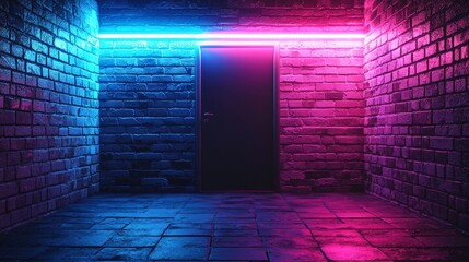 A vibrant neon-lit alley showcasing a brick wall and nightclub entrance.