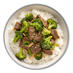 Beef Broccoli Rice Bowl Dinner Plate eat isolated on white background