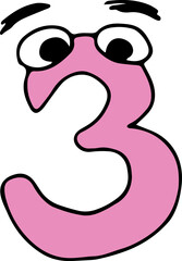 funny pink number three with eyes and eyebrows looks surprised with raised eyebrows, hand drawn with black lines in grunge style