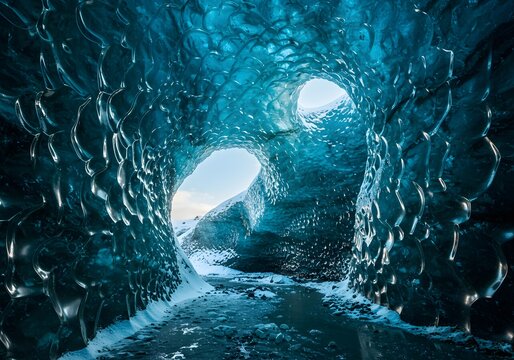 Stunning Ice Cave with Glowing Blue Crystals