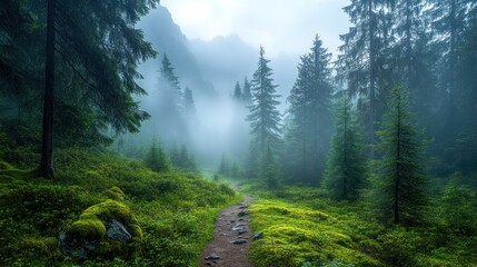 Obraz premium Mist-covered forest trail leads into serene wilderness during early morning hours