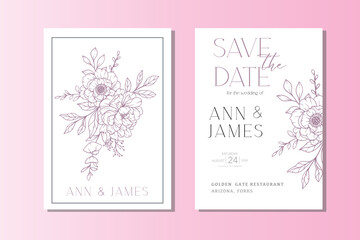 Peony Wedding Invitation template. Hand Drawn Line Art Peony Flowers. Outline Peonies Minimalist Wedding Design, Spring Summer Wedding invite template