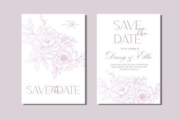 Peony Wedding Invitation template. Hand Drawn Line Art Peony Flowers. Outline Peonies Minimalist Wedding Design, Spring Summer Wedding invite template © Xenia