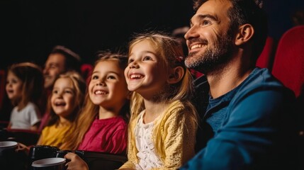 A young father enjoys a thrilling movie with his daughters.