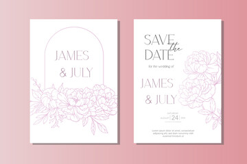 Peony Wedding Invitation template. Hand Drawn Line Art Peony Flowers. Outline Peonies Minimalist Wedding Design, Spring Summer Wedding invite template
