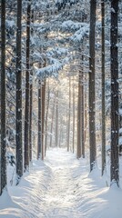 Snowy Path Through Winter Forest.