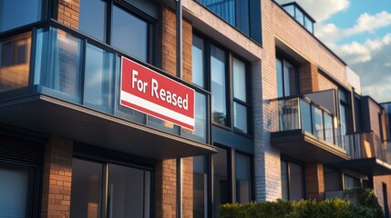 Naklejka premium Contemporary apartment complex featuring a ,For Reased, advertisement sign on balcony