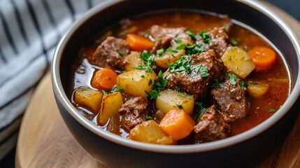Rustic kitchen setting with traditional hearty Irish stew simmering in a pot on a wooden table