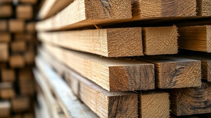 Stack of wooden planks arranged in a rustic lumberyard for construction and woodworking material applications