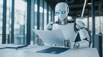A next gen AI powered robotic assistant, organizing documents in a modern office, advanced business environment