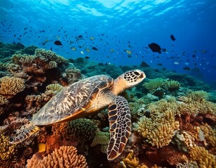 Obraz premium A sea turtle glides slowly over a colorful coral reef, surrounded by schools of tropical fish and colorful marine plants.