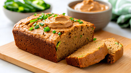 rustic loaf of vegan zucchini bread topped with peanut butter, garnished with chives, and served with fresh cucumber slices