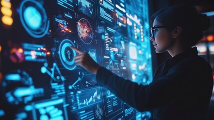 a woman interacting with a high-tech display, possibly monitoring data or analyzing information. She has glasses on and appears focused. The display features multiple screens and graphics