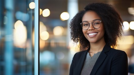 Obraz premium Confident Black Female Entrepreneur in Modern Office Setting