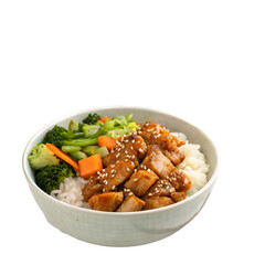 Delicious Teriyaki Chicken Rice Bowl soy isolated on white background