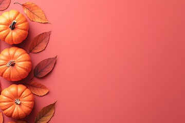 Pumpkins and leaves arranged on a coral colored background