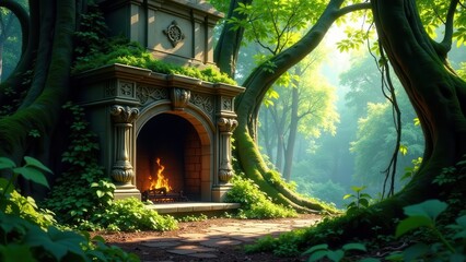 Enchanted Forest Fireplace A Stone Mantelpiece Nestled Within Ancient Trees, Embracing a Cozy Hearth Fire in a Mystical Woodland Setting
