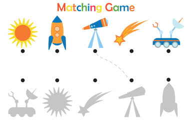 Find the correct shape, match shadows with rocket, sun, telescope. Space activity page for kids © Екатерина Бырька